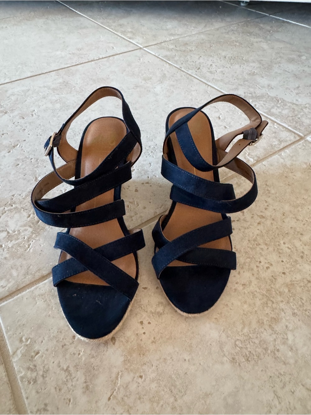 DV by Dolce Vita Navy Suede Crisscross Wedge Sandals